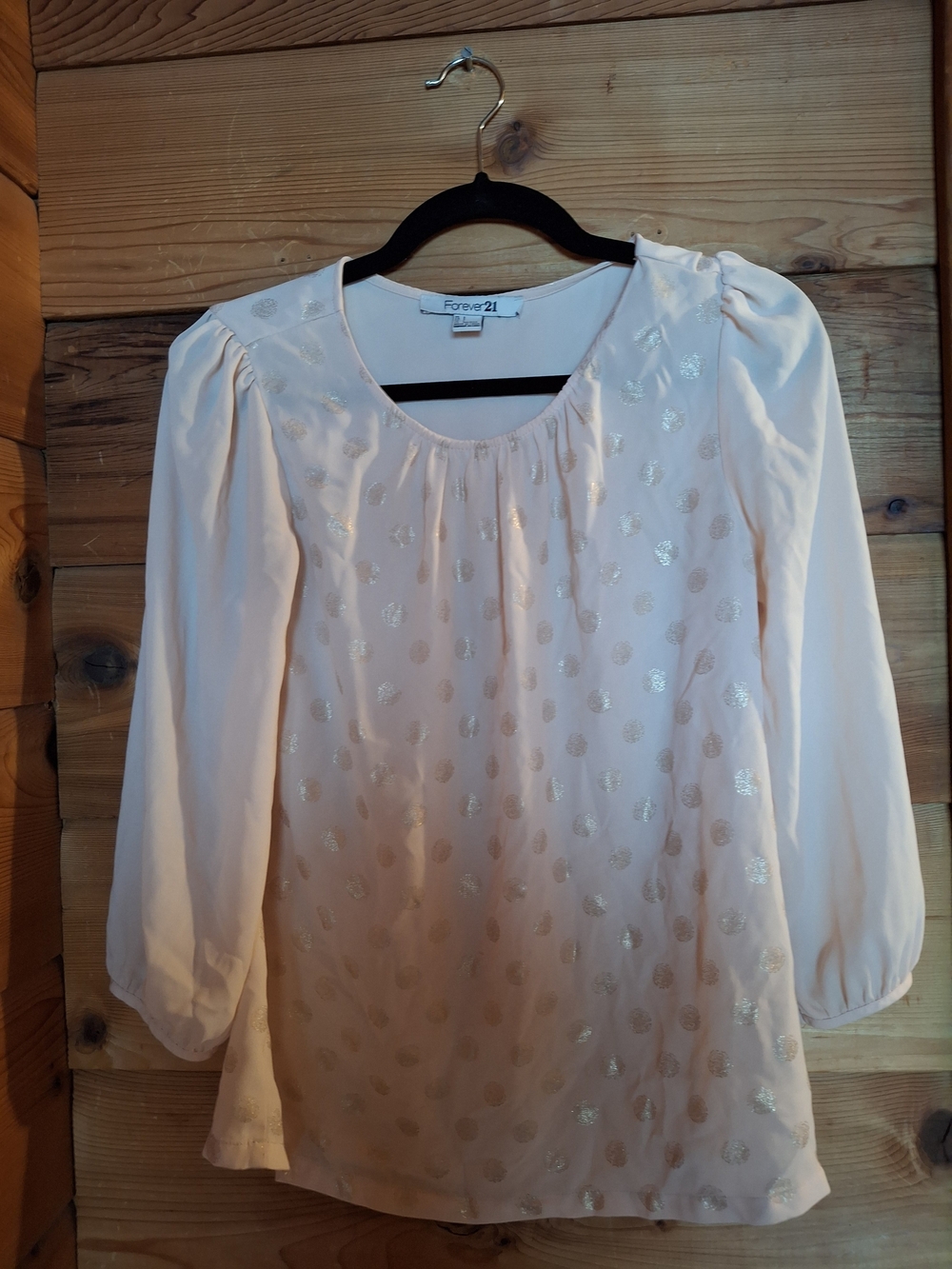Forever 21 Cream Blouse with Metallic Gold Dot Pattern